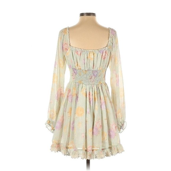 Liz Lisa Green Floral Lace Up Sheer Mini Dress Lolita Cottagecore Kawaii Small - Picture 2 of 8